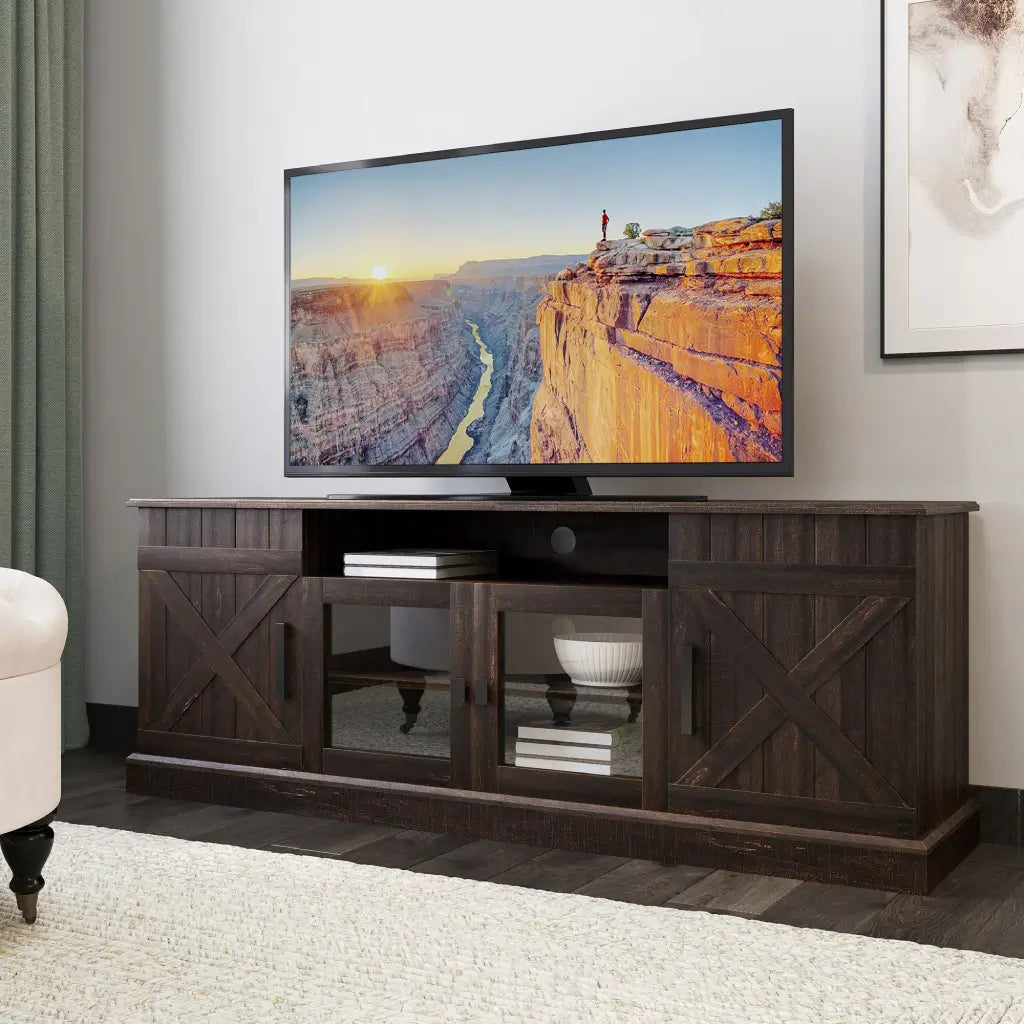 70 inch TV on dark wood stand