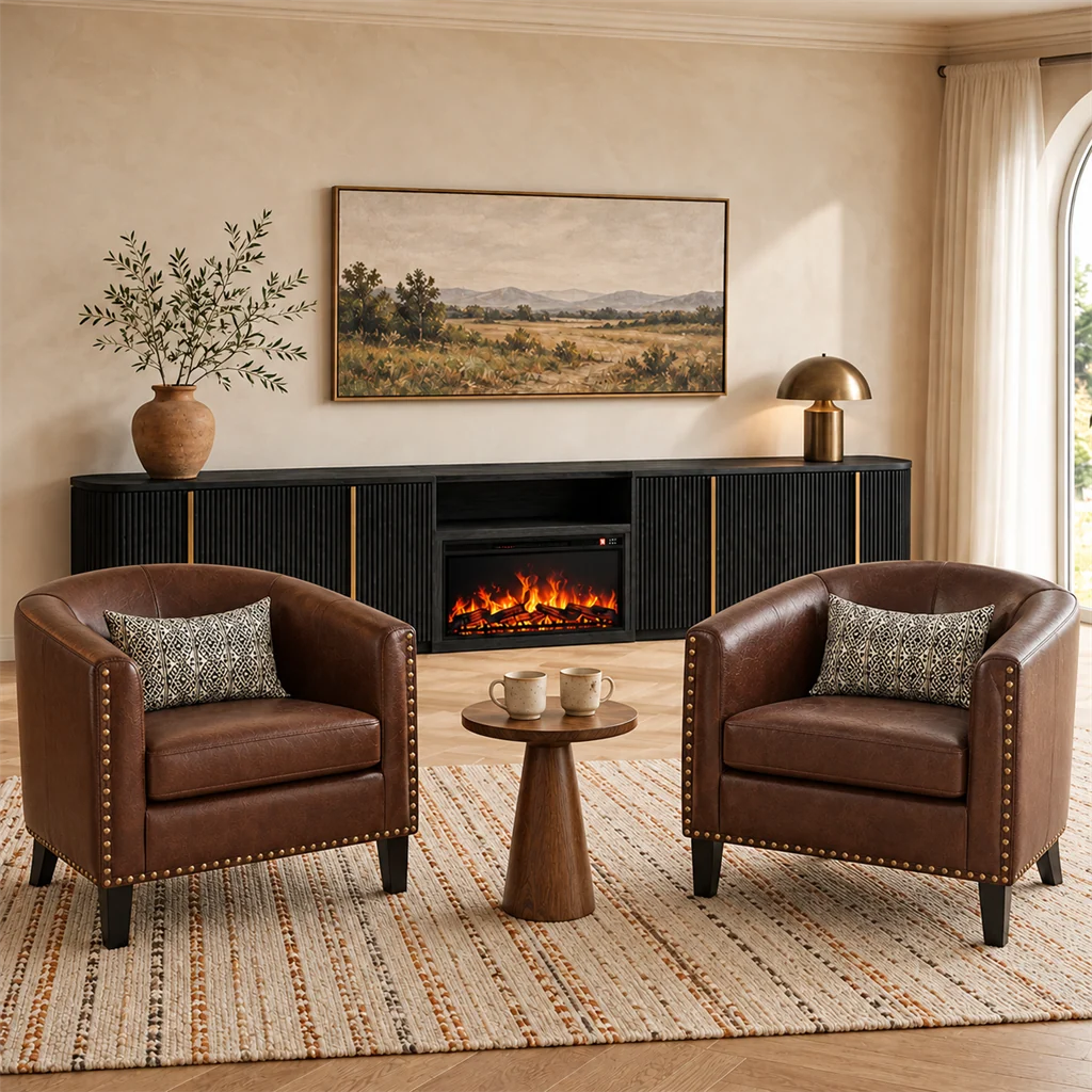 Brown leather armchairs beside electric fireplace