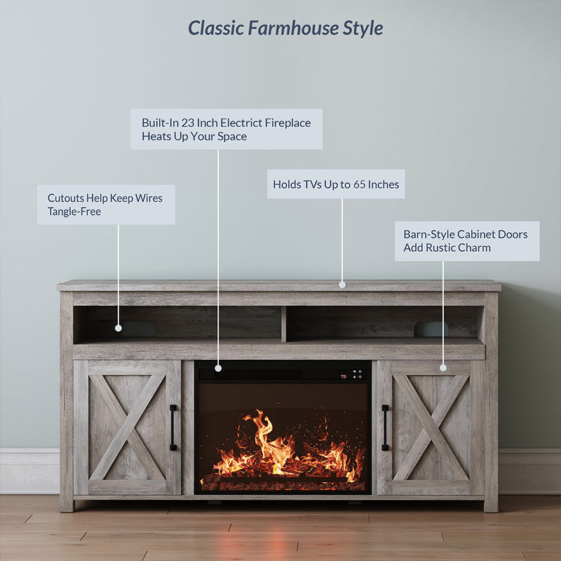 Corin 58" Barn Door Farmhouse Fireplace TV Stand