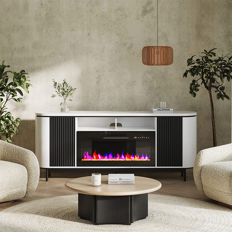 76" Fluted Doors Curved Modern Fireplace TV Stand