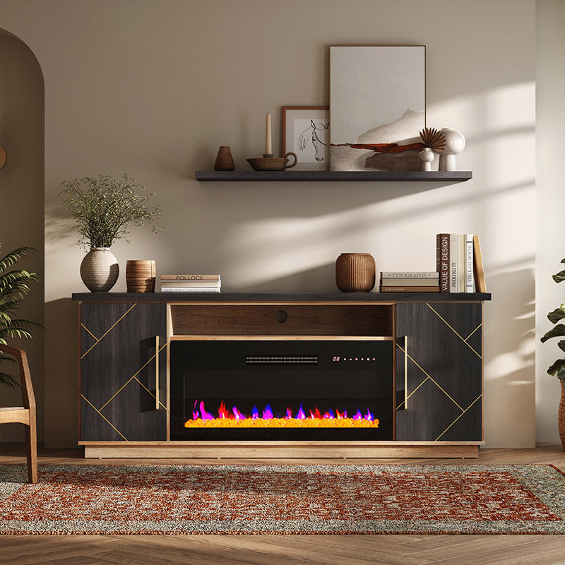 68" Gold Trim Electric Fireplace TV Stand