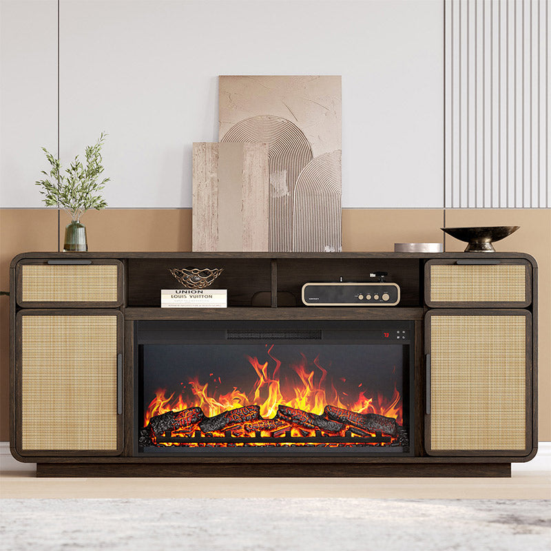 Bower 68" Mid-Century Modern Rattan Door Fireplace TV Stand