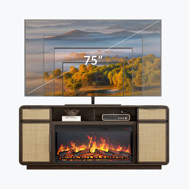 Bower 68" Mid-Century Modern Rattan Door Fireplace TV Stand