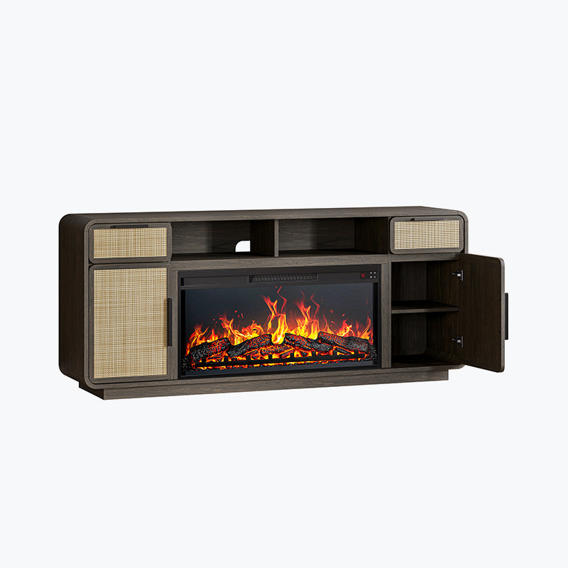 Bower 68" Mid-Century Modern Rattan Door Fireplace TV Stand