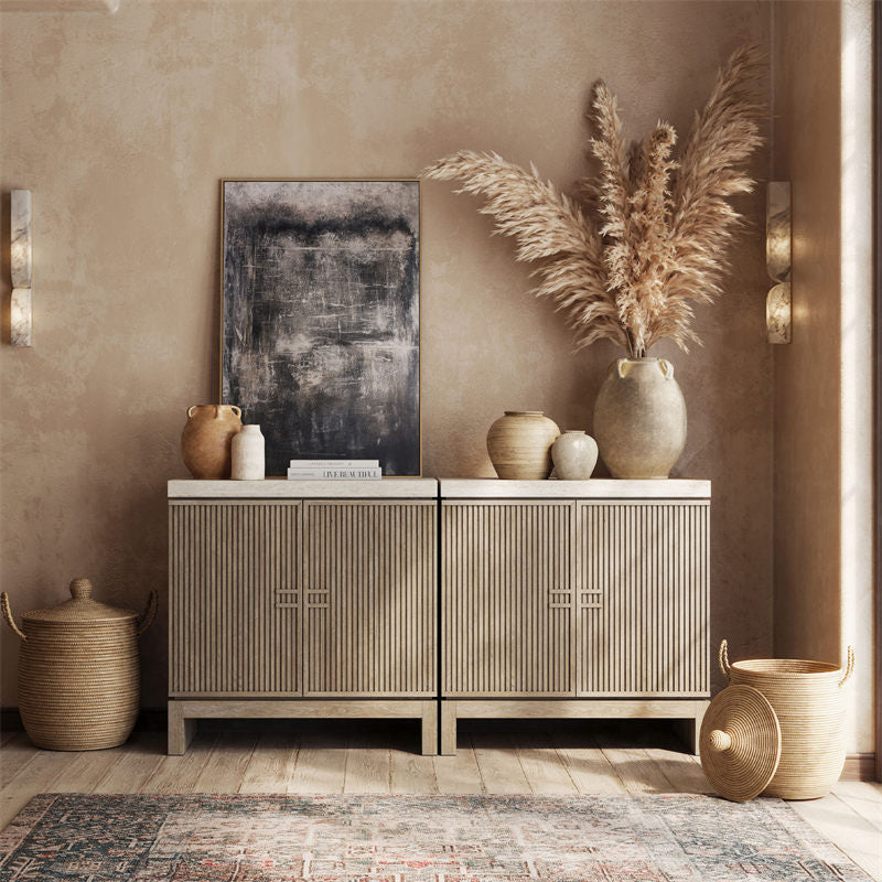 Anton 32" Fluted Buffet Cabinets with Travertine Top (Set of 2)