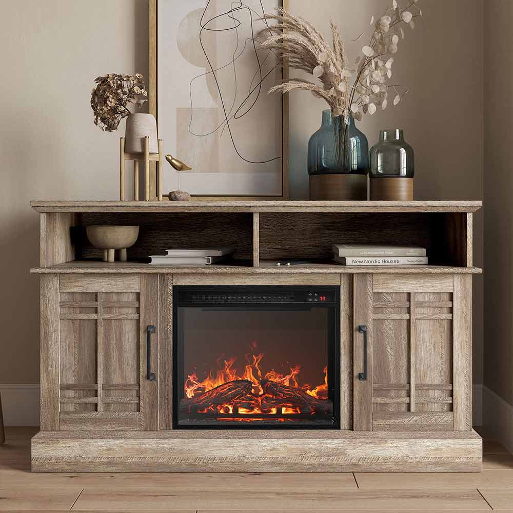Norrell 48" Wood Grid Door Farmhouse Fireplace TV Stand