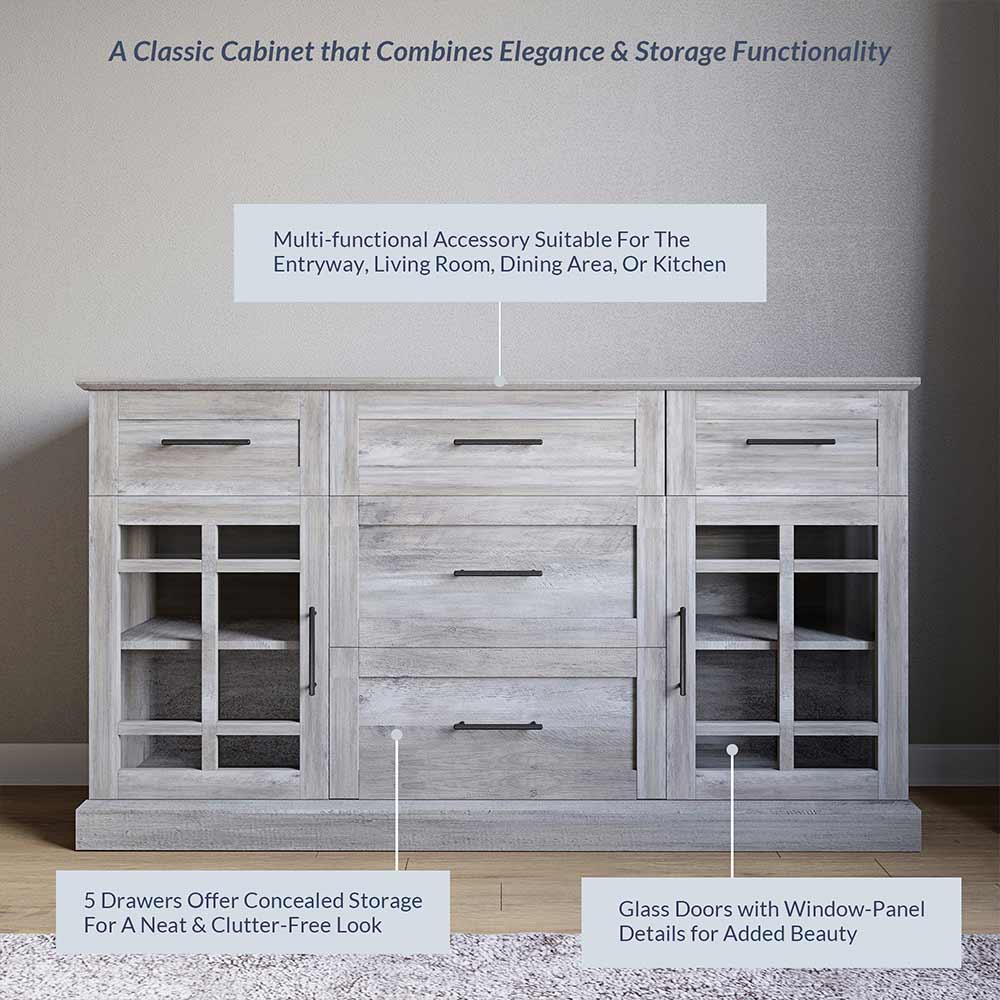 Astorga 58" Glass Door Modern Farmhouse Buffet Cabinet