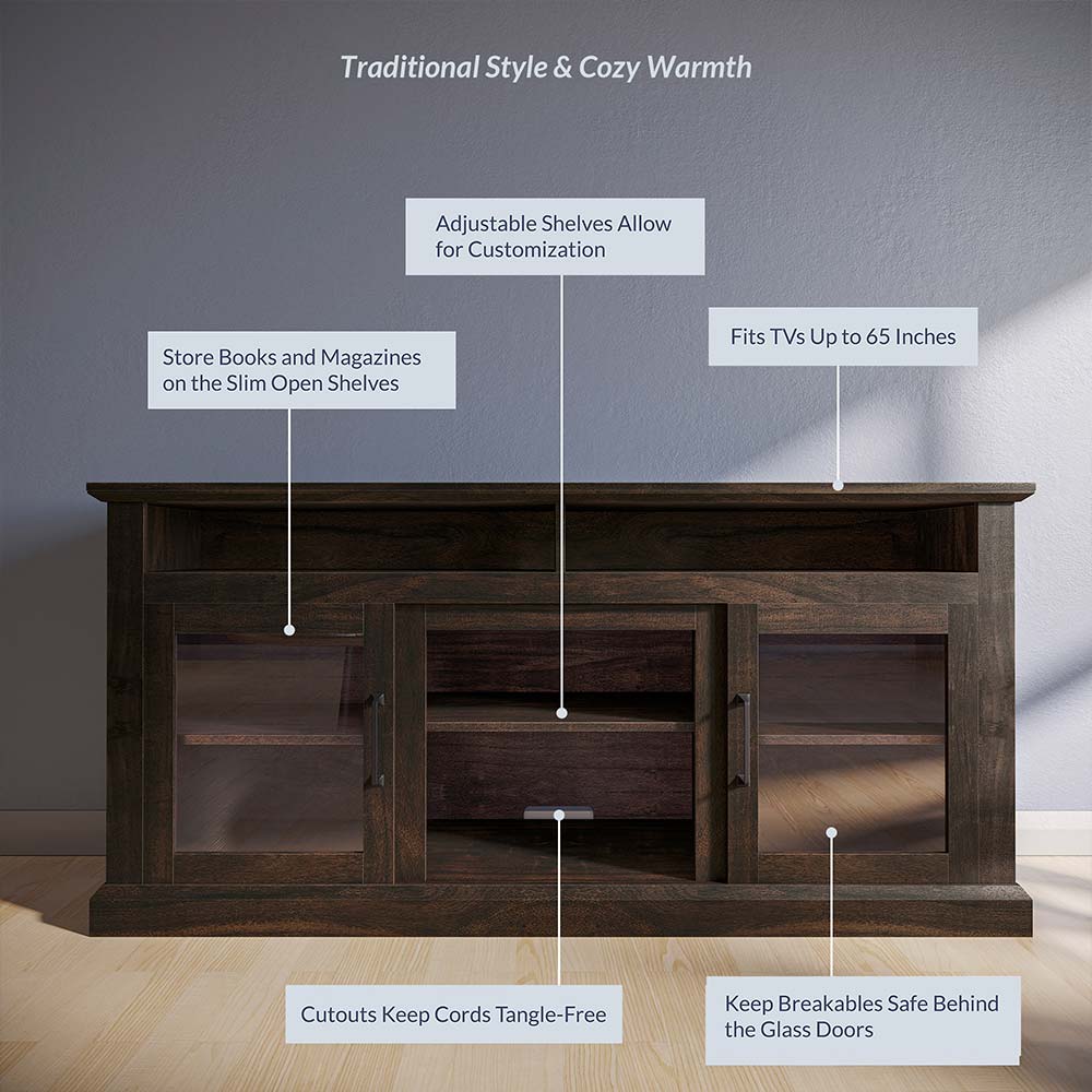 Cayman 60" Glass Door Farmhouse Fireplace TV Stand