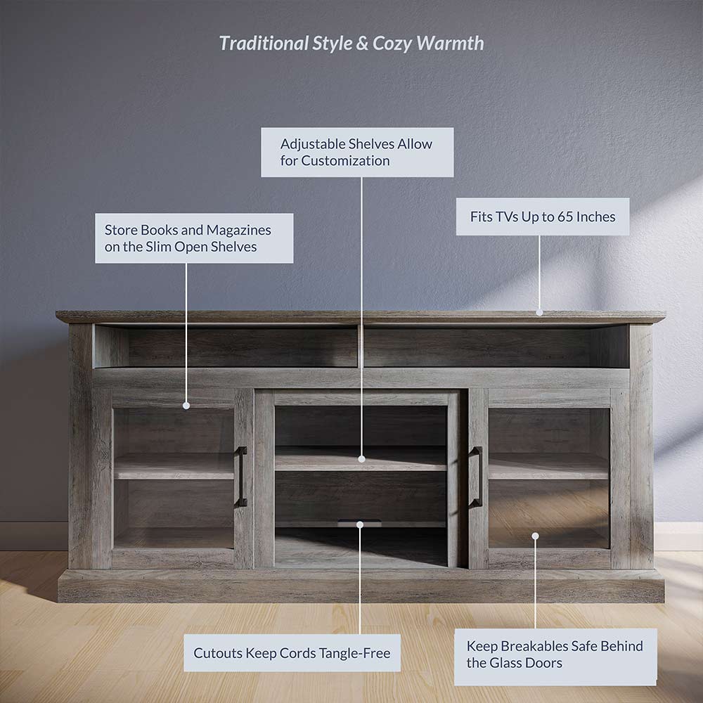 Cayman 60" Glass Door Farmhouse Fireplace TV Stand