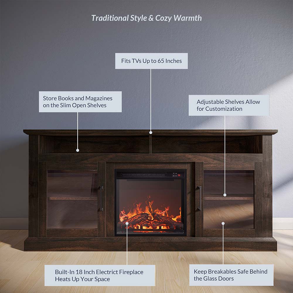 Cayman 60" Glass Door Farmhouse Fireplace TV Stand