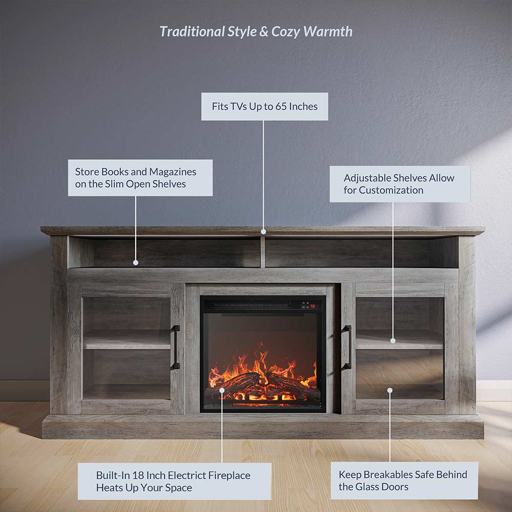 Cayman 60" Glass Door Farmhouse Fireplace TV Stand