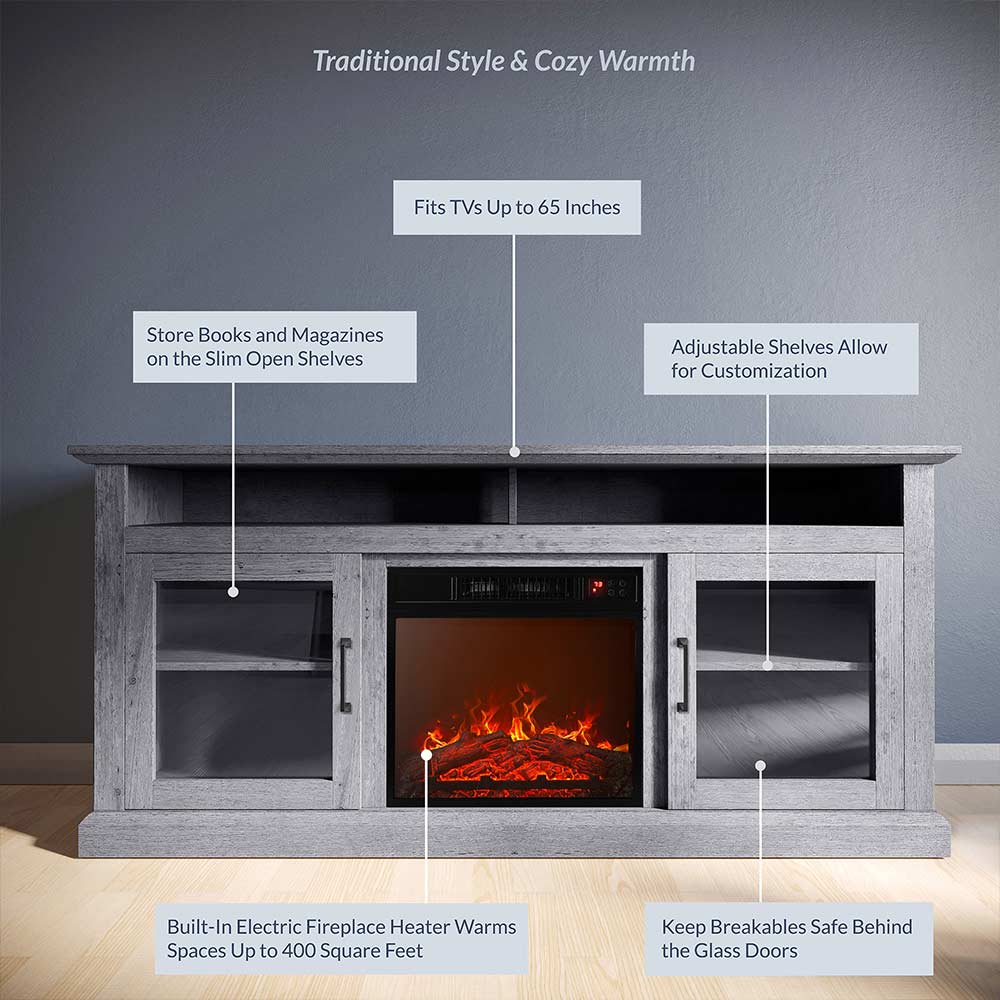 Cayman 60" Glass Door Farmhouse Fireplace TV Stand