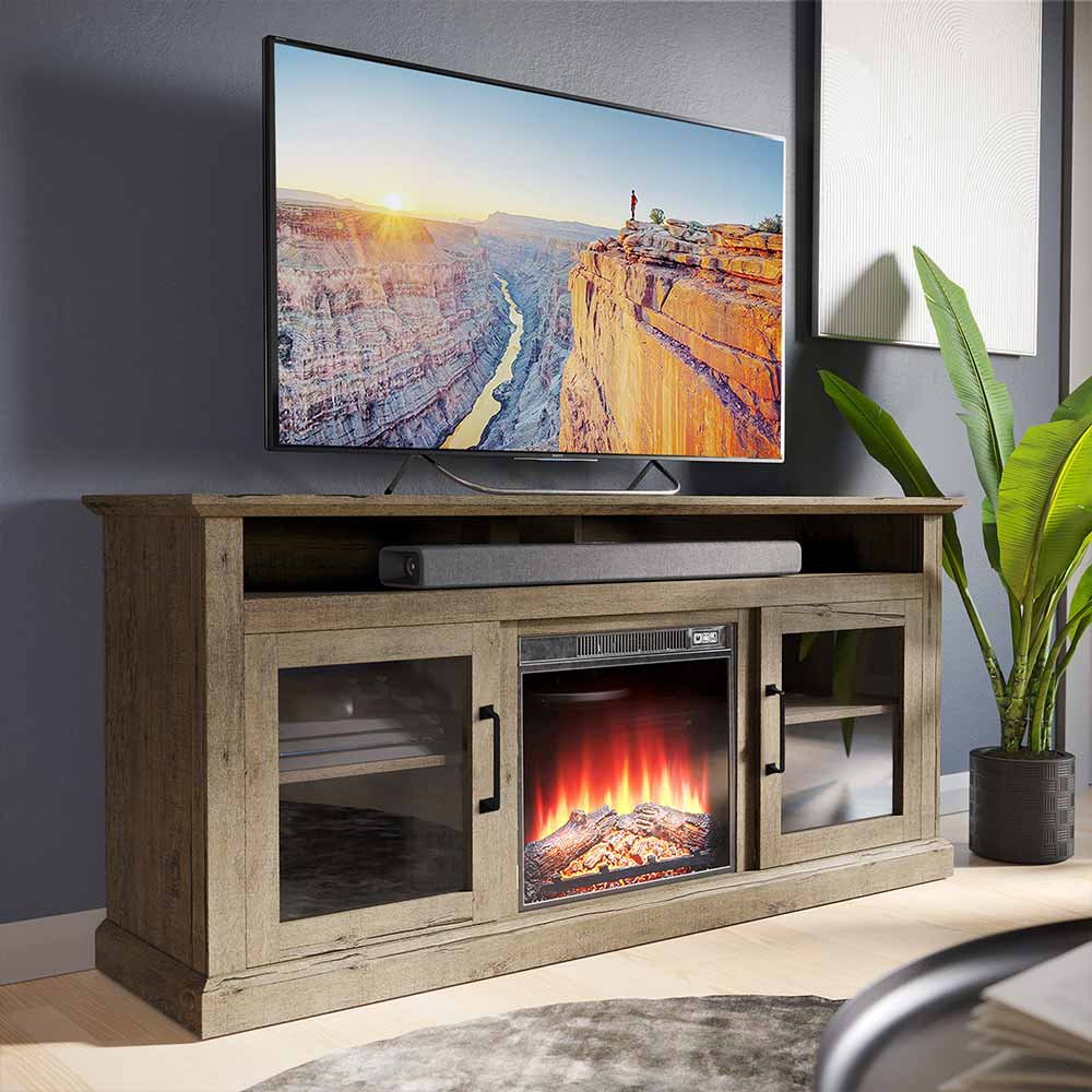 Cayman 60" Glass Door Farmhouse Fireplace TV Stand