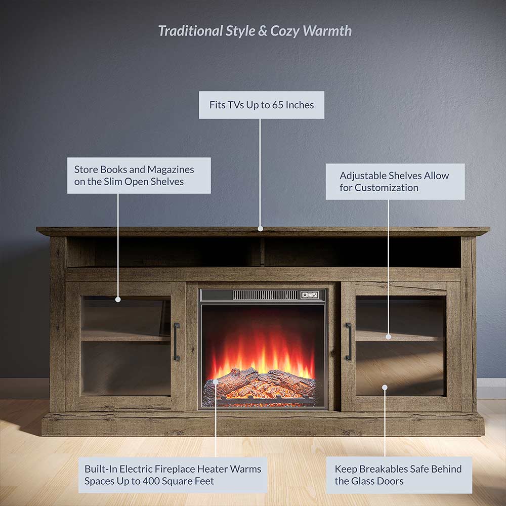 Cayman 60" Glass Door Farmhouse Fireplace TV Stand