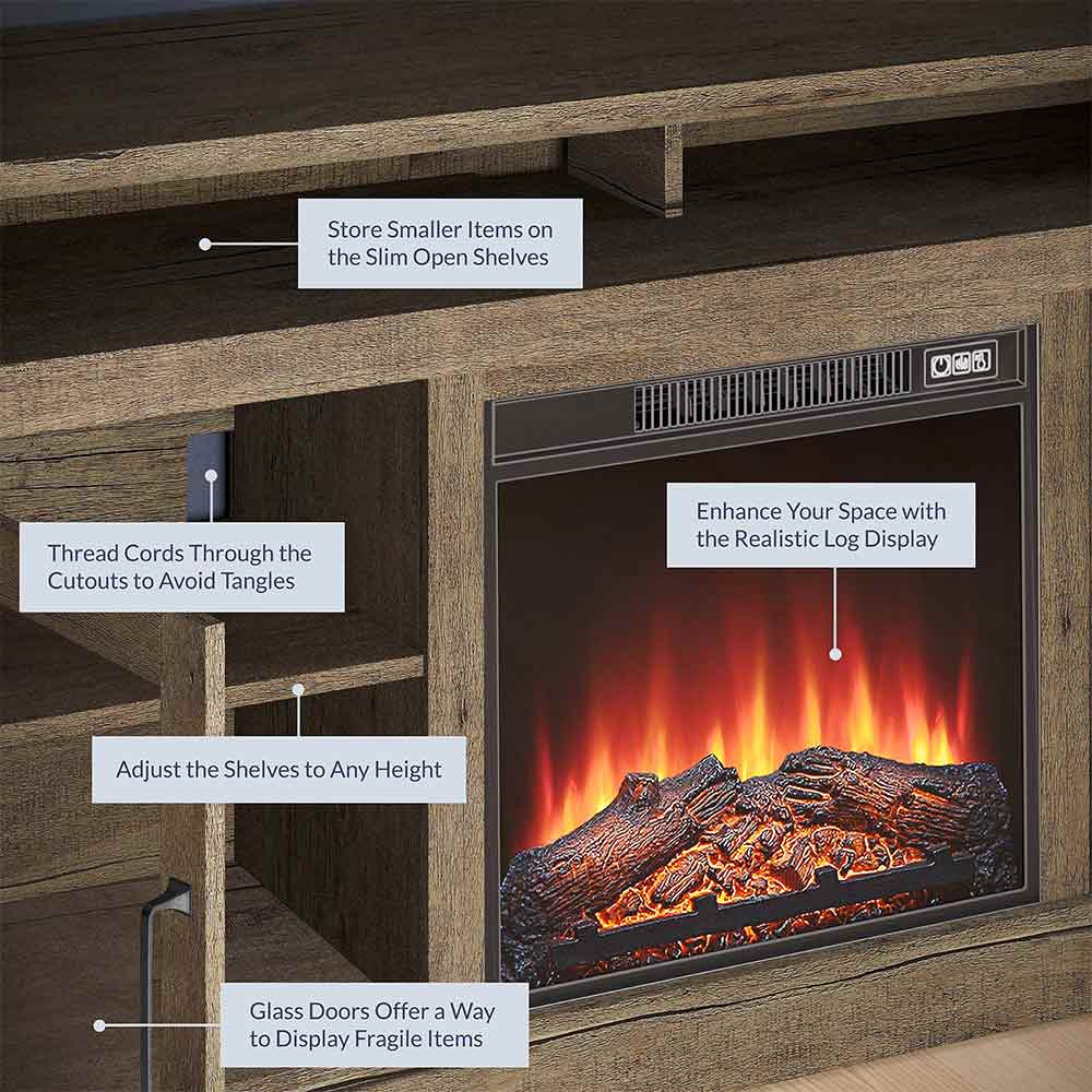 Cayman 60" Glass Door Farmhouse Fireplace TV Stand
