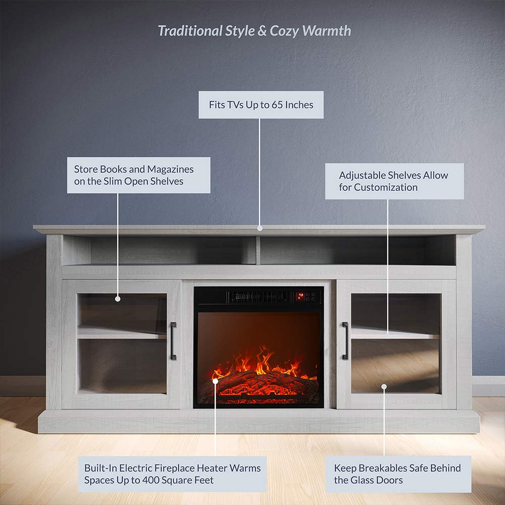 Cayman 60" Glass Door Farmhouse Fireplace TV Stand
