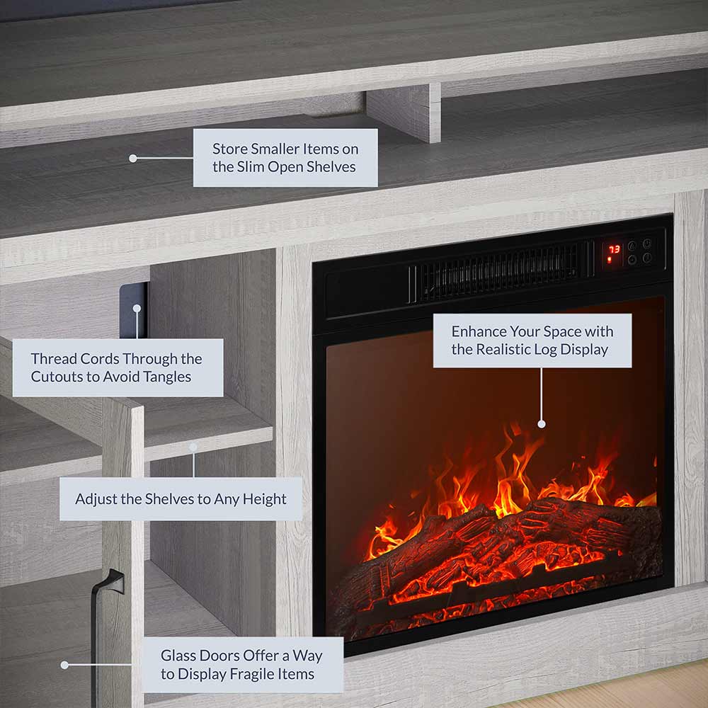 Cayman 60" Glass Door Farmhouse Fireplace TV Stand
