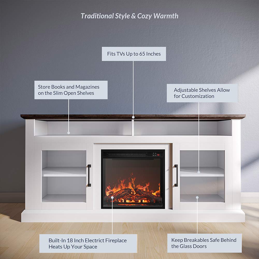 Cayman 60" Glass Door Farmhouse Fireplace TV Stand