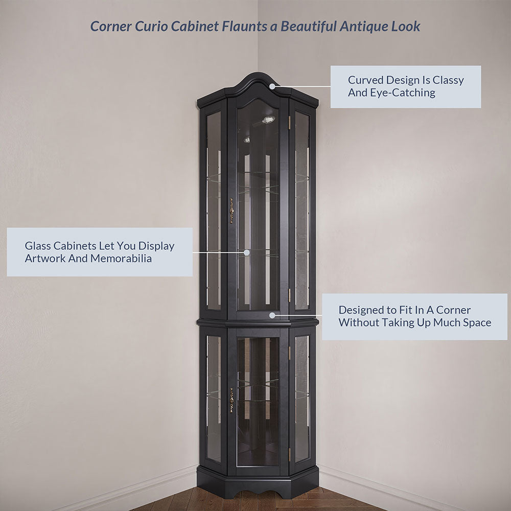 Loraine 70" Tall Glass Door Lighted Corner Curio Cabinet