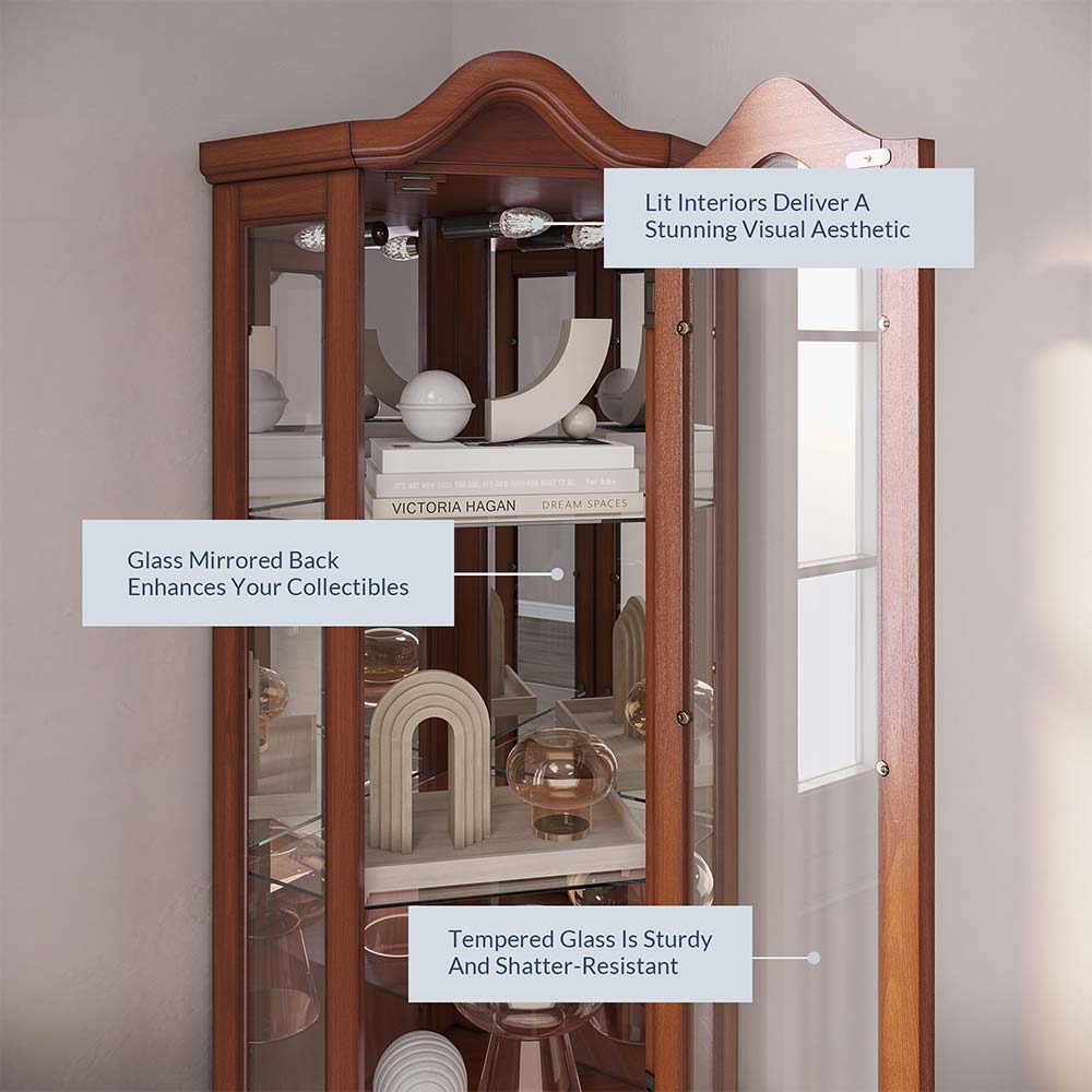 Loraine 70" Tall Glass Door Lighted Corner Curio Cabinet
