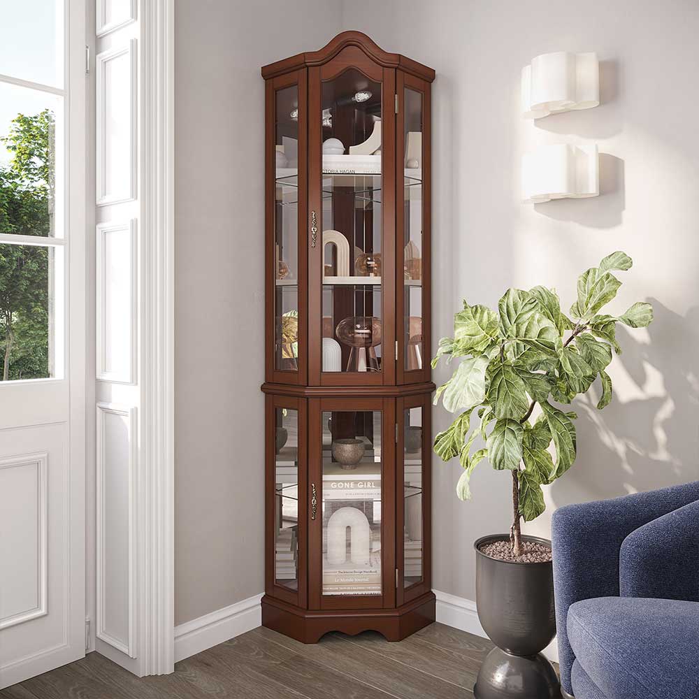 Loraine 70" Tall Glass Door Lighted Corner Curio Cabinet