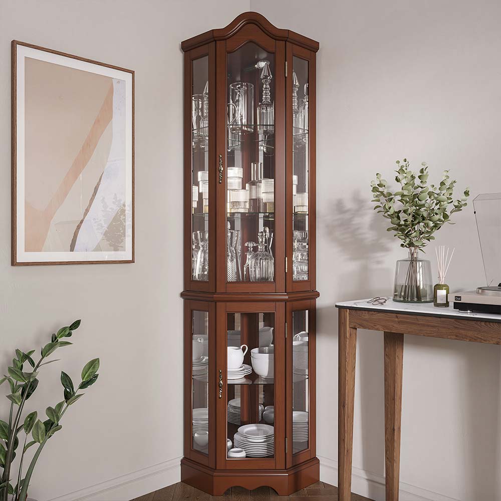 Loraine 70" Tall Glass Door Lighted Corner Curio Cabinet