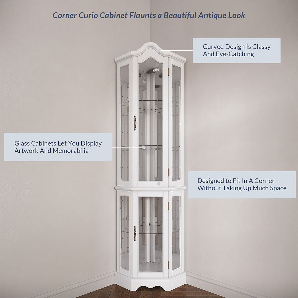 Loraine 70" Tall Glass Door Lighted Corner Curio Cabinet