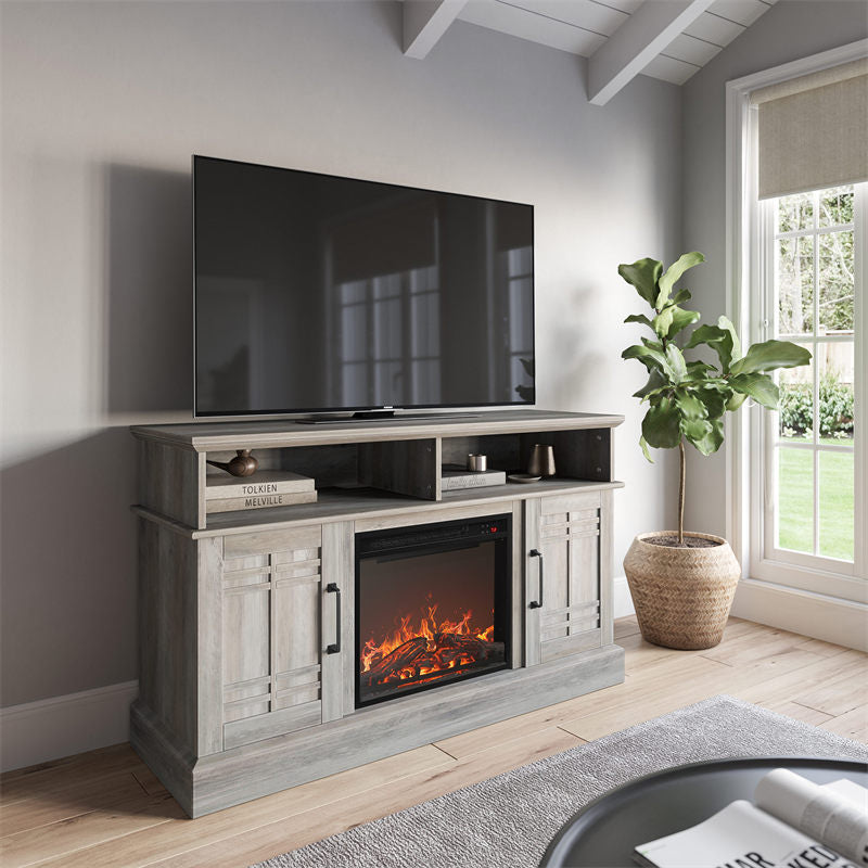Norrell 48" Wood Grid Door Farmhouse Fireplace TV Stand