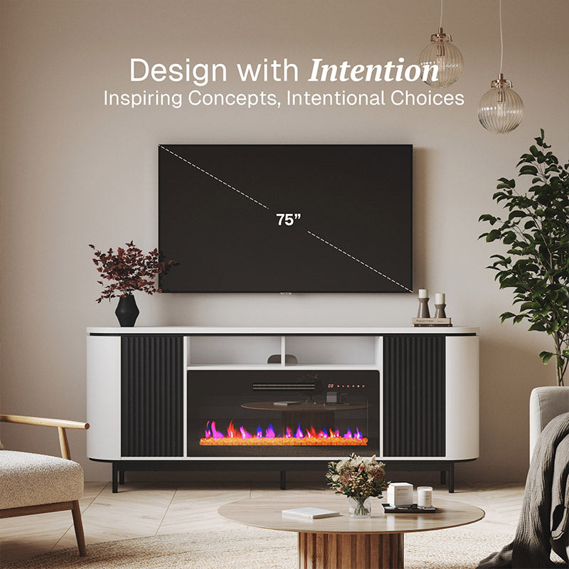 76" Fluted Doors Curved Modern Fireplace TV Stand