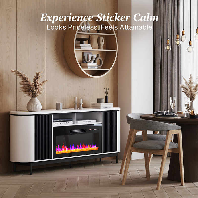 76" Fluted Doors Curved Modern Fireplace TV Stand