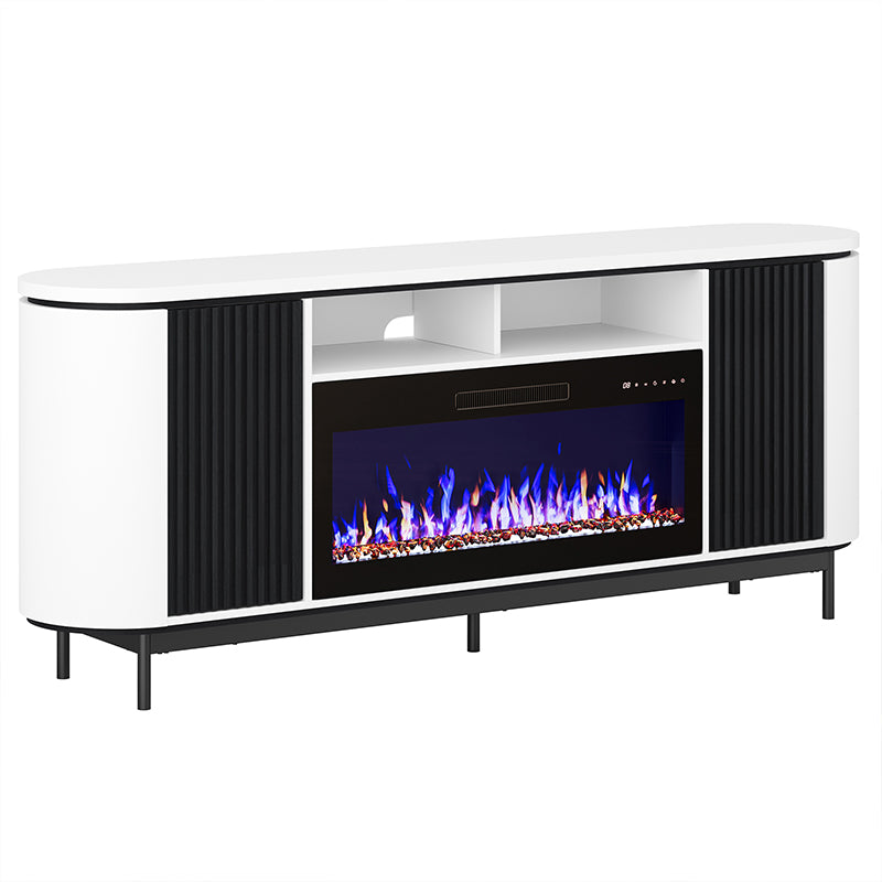 76" Fluted Doors Curved Modern Fireplace TV Stand