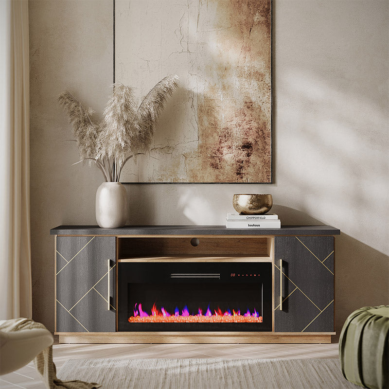 68" Gold Trim Electric Fireplace TV Stand