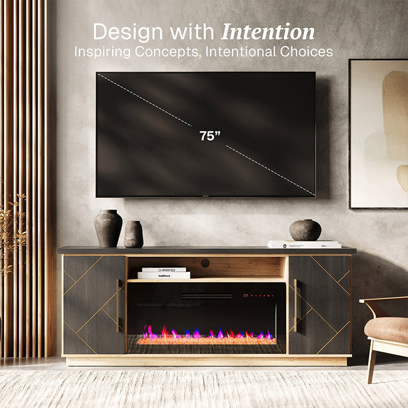 68" Gold Trim Electric Fireplace TV Stand