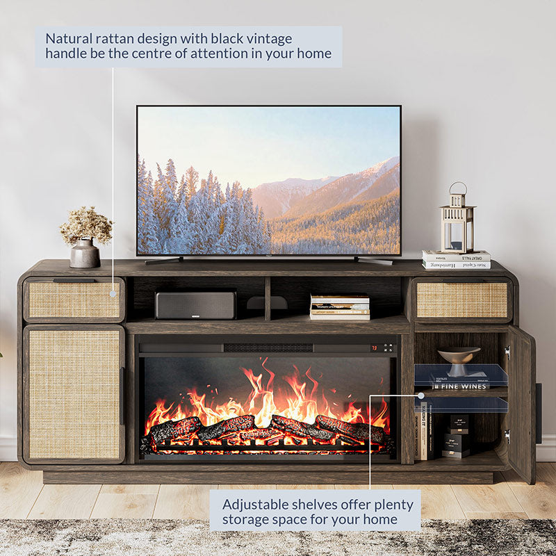 Bower 68" Mid-Century Modern Rattan Door Fireplace TV Stand