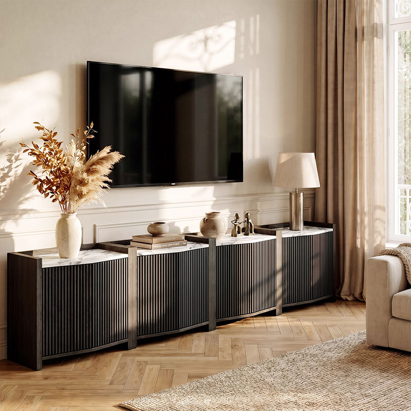 35" Black Faux Marble Top Fluted Modular Sideboards(Set of 3)
