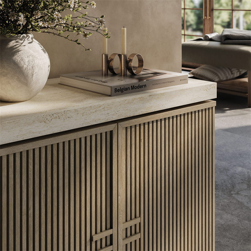 Anton 32" Fluted Buffet Cabinets with Travertine Top (Set of 2)