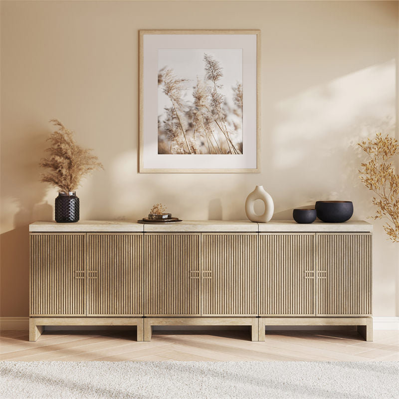 Anton 32" Fluted Buffet Cabinets with Travertine Top (Set of 3)