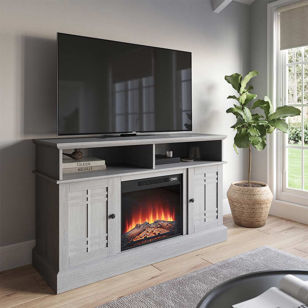 Norrell 48" Wood Grid Door Farmhouse Fireplace TV Stand
