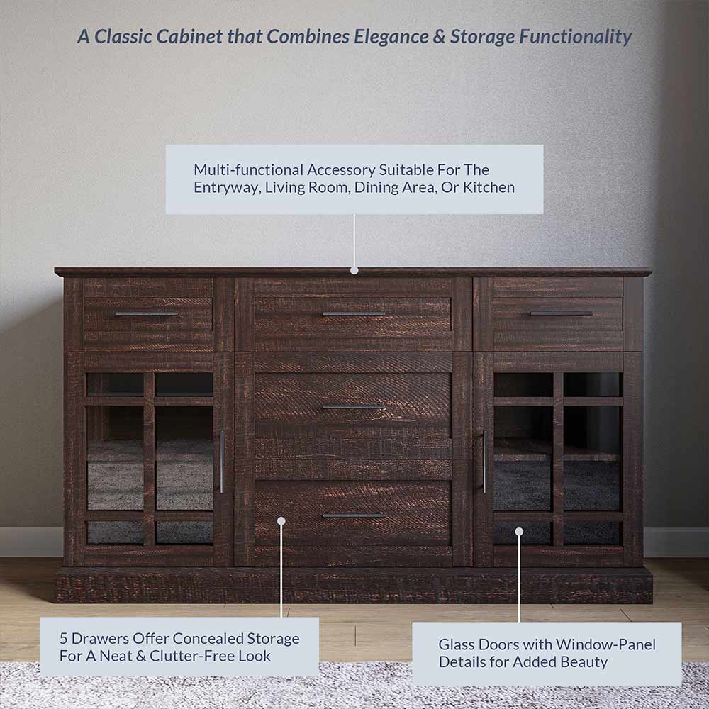 Astorga 58" Glass Door Modern Farmhouse Buffet Cabinet