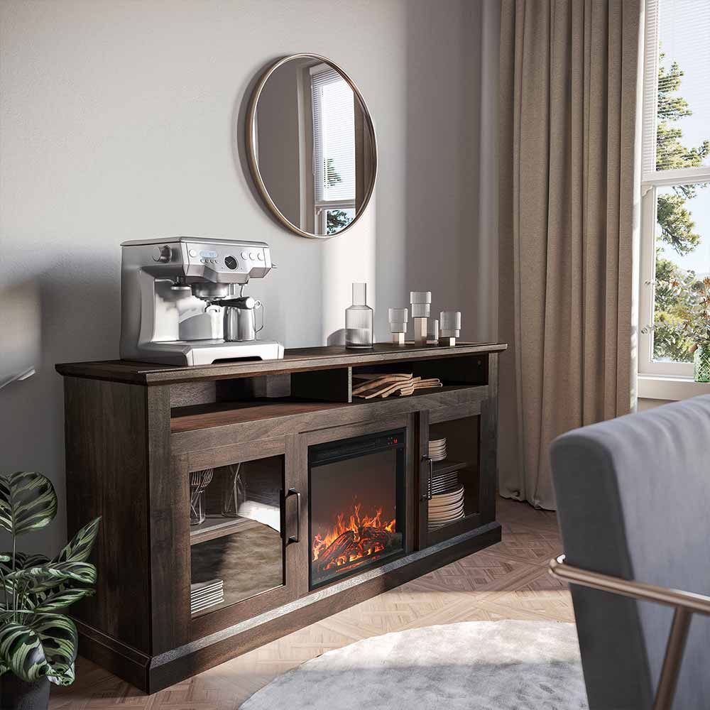Cayman 60" Glass Door Farmhouse Fireplace TV Stand