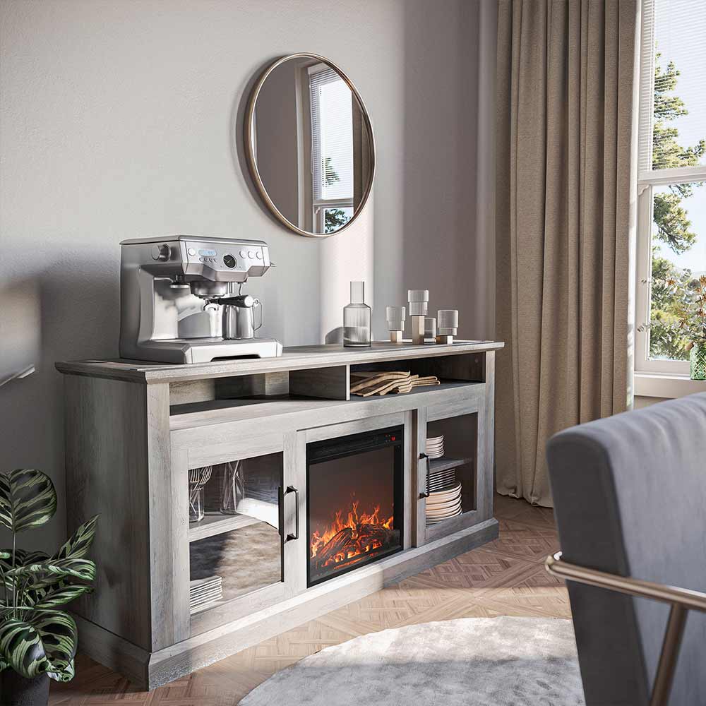 Cayman 60" Glass Door Farmhouse Fireplace TV Stand