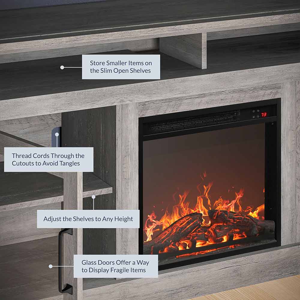 Cayman 60" Glass Door Farmhouse Fireplace TV Stand