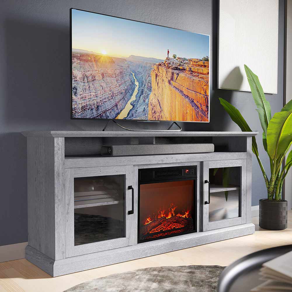 Cayman 60" Glass Door Farmhouse Fireplace TV Stand