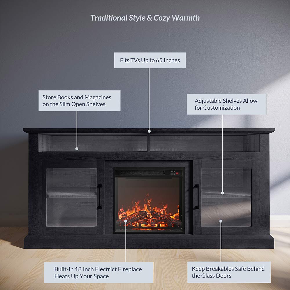 Cayman 60" Glass Door Farmhouse Fireplace TV Stand