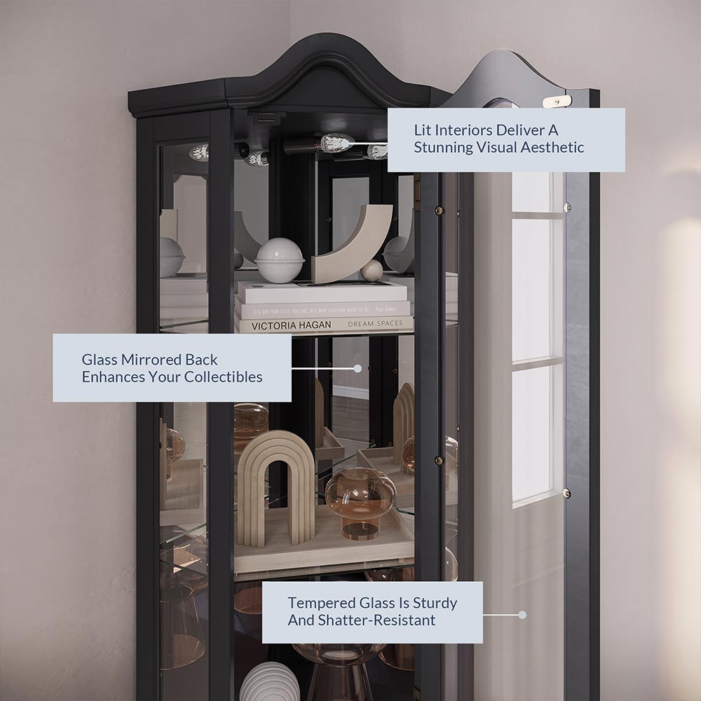 Loraine 70" Tall Glass Door Lighted Corner Curio Cabinet