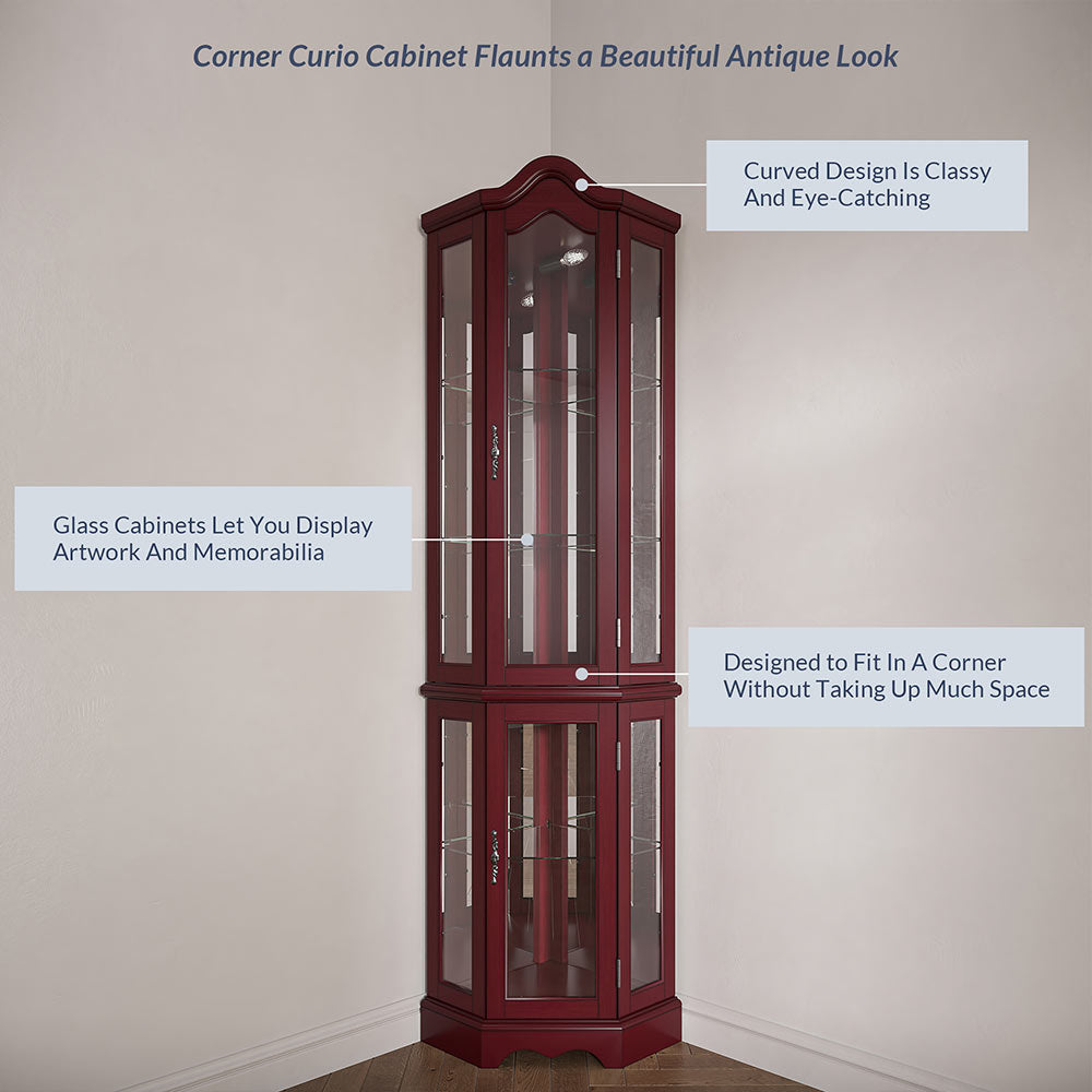 Loraine 70" Tall Glass Door Lighted Corner Curio Cabinet