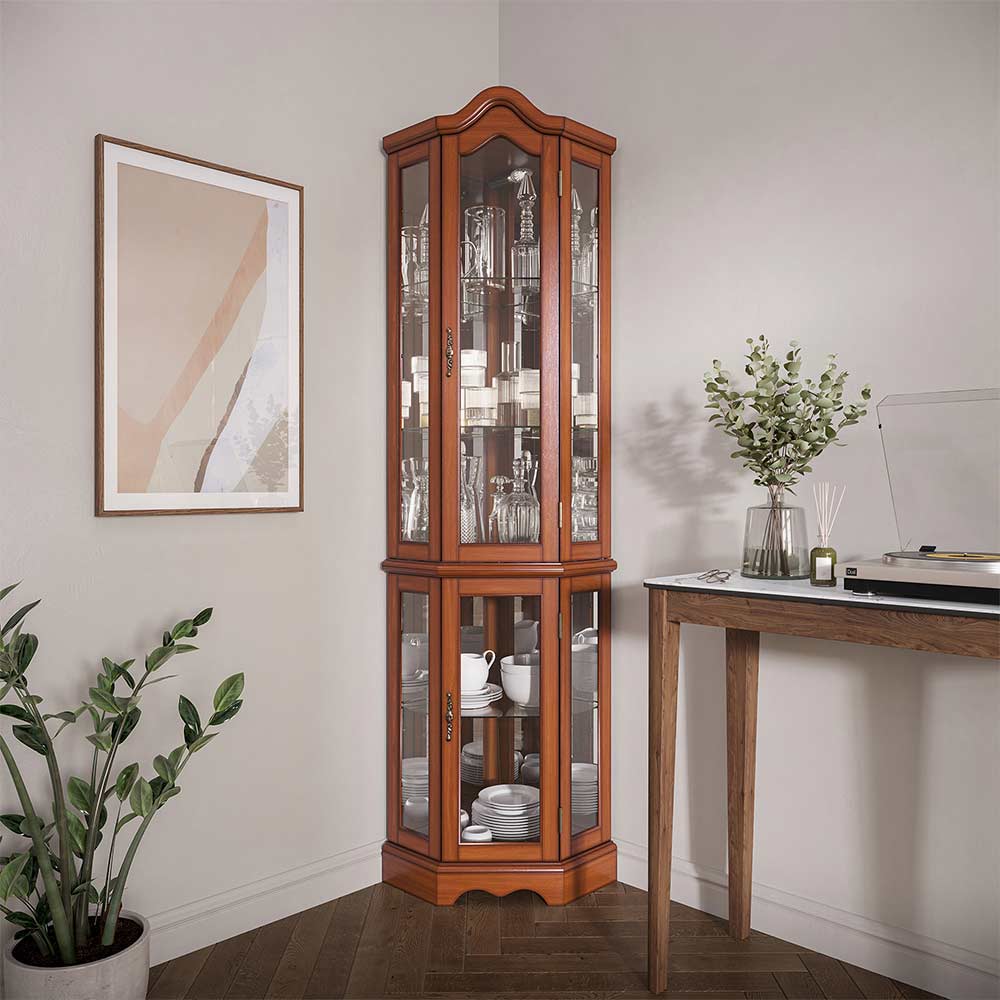 Loraine 70" Tall Glass Door Lighted Corner Curio Cabinet