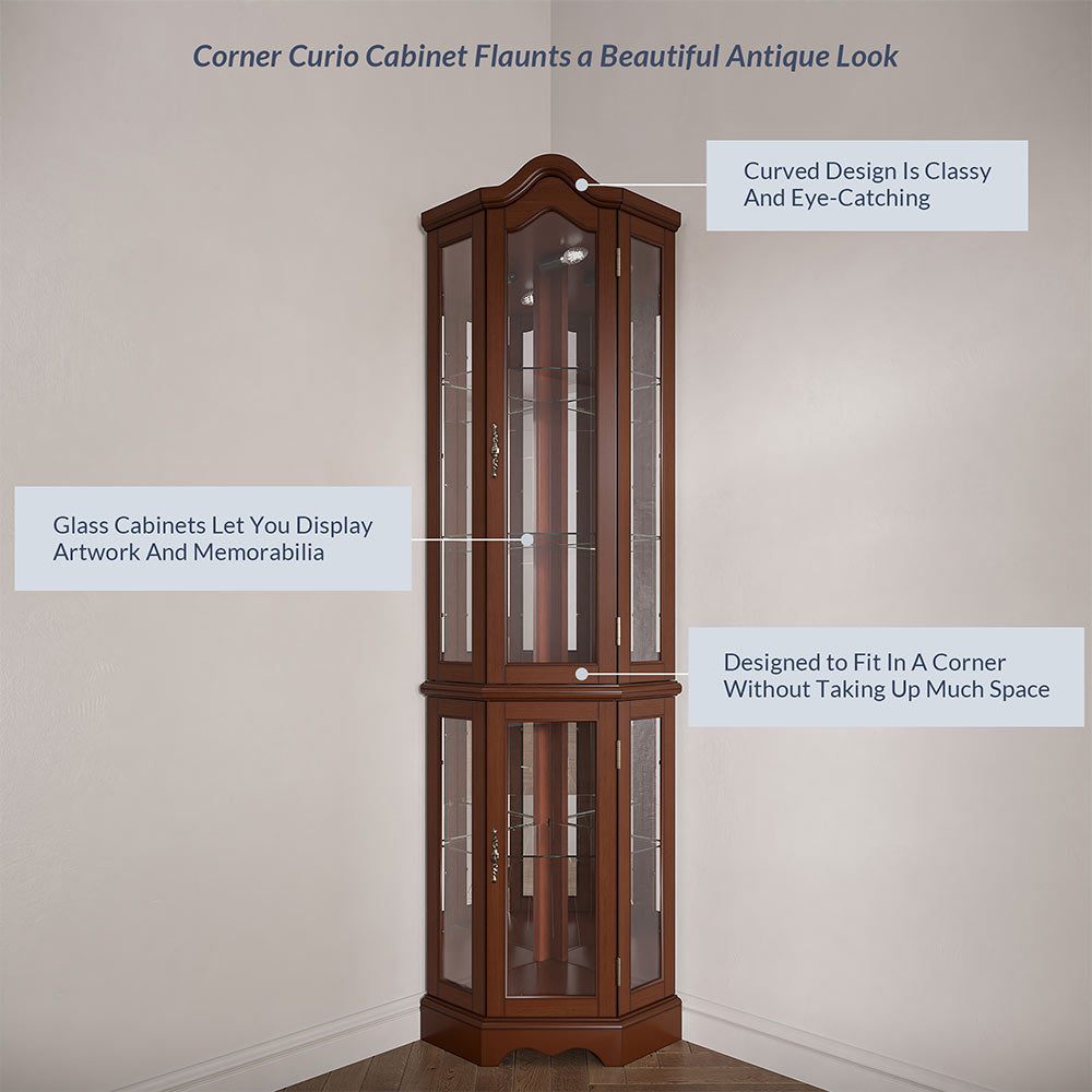 Loraine 70" Tall Glass Door Lighted Corner Curio Cabinet