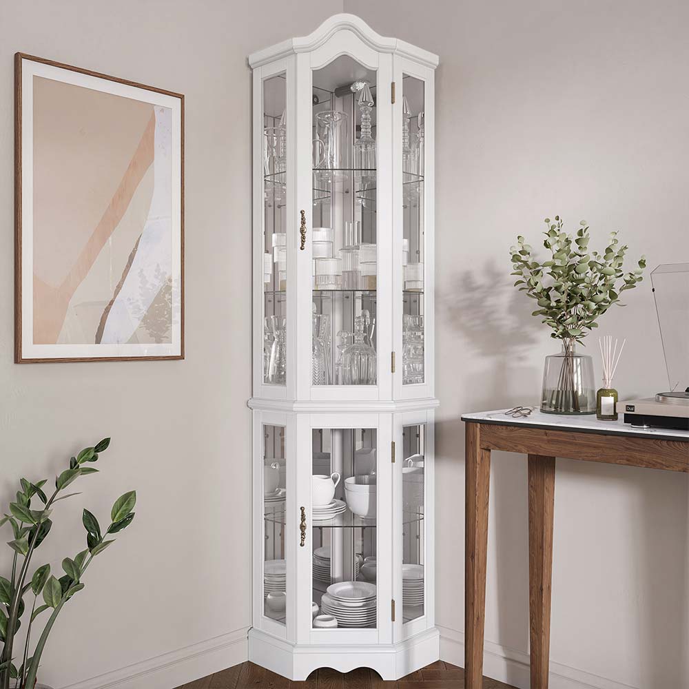 Loraine 70" Tall Glass Door Lighted Corner Curio Cabinet